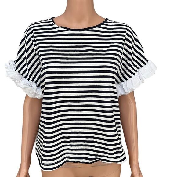 Lumiere striped navy/white ruffle sleeves top cotton/linen size L - Picture 1 of 7